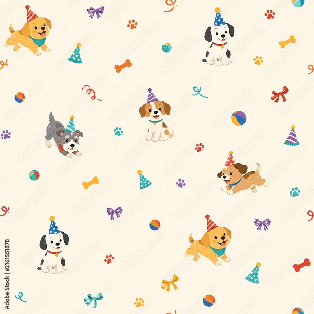 Fototapeta premium Cute Puppies Birthday Party Seamless Pattern for Kids