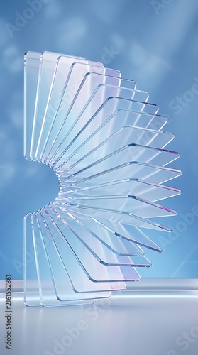 Soft light reflecting off stacked iridescent glass rectangles arranged sequentially in a futuristic semi-circle on blue background.