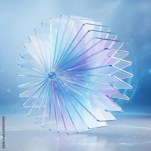 Futuristic 3D abstract translucent glass panels arranged in a fan shape featuring iridescent blue reflections for mobile wallpaper.