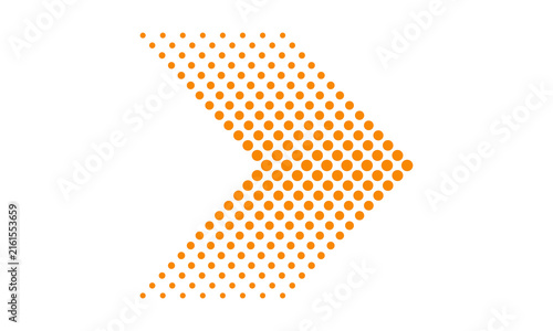 Obraz na płótnie Orange dotted arrow pointing rightward as directional symbol or progress indicator made of many small circles on a clean white background representing movement forward advancement design concepts