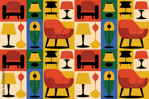 Retro pixel art pattern with mid century furniture icons illustration
