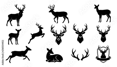 Deer Silhouettes Set with Various Poses, Headshots, and Antler Designs