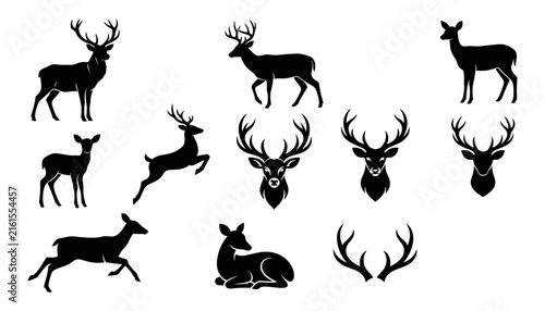 Deer Silhouettes Set with Various Poses and Headshots, a Wildlife Design