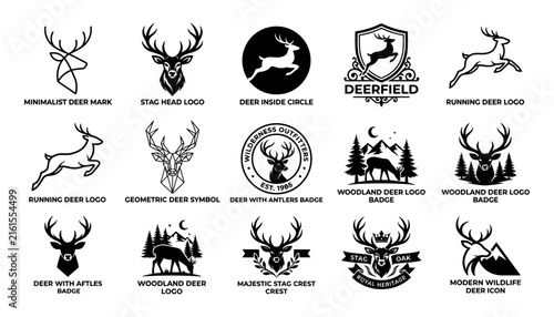 Deerfield Wilderness Outfitters Logo Variations with Stag Head, Antlers