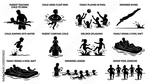 Family Swimming Icons Set with Various Pool Activities and Water Recreation