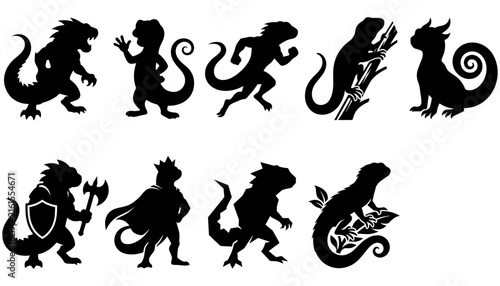 Lizard Silhouettes in Various Poses and Armor Designs Featuring Fantasy