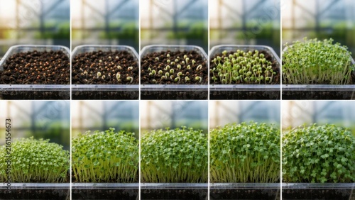 Microgreen seedlings developing from seeds to a lush mature tray. Sequential plant growth stages for gardening, agriculture, nutrition, sustainability, and time lapse concept.