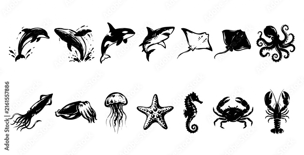 Fototapeta premium Black and white marine animals and sea creatures for ocean life themed graphic design elements.