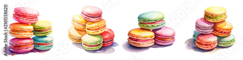 Stacks of watercolor painted macarons in various colors against black background