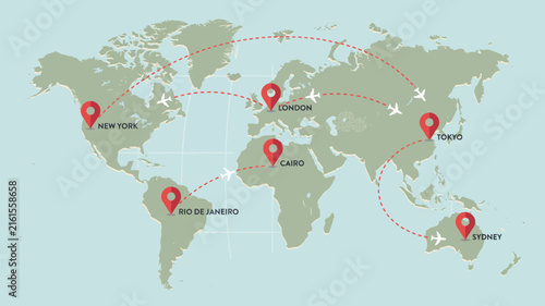 A world map illustration displays flight paths connecting major cities including New York London and Tokyo aerial view air travel