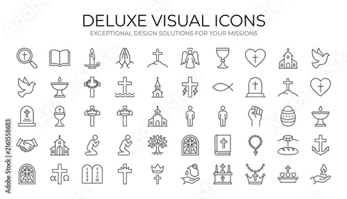 christian religion line icon set featuring cross bible church praying hands chalice dove and easter symbols