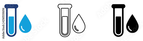 Multicolor Test Tube Water Drop Icon Set with Filled and Outline Styles for Water Testing Laboratory Science Research Quality Analysis and Environmental Monitoring Isolated on Transparent Background