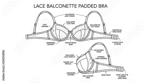 lace balconette padded bra technical sketch diagram featuring product features and structural design details