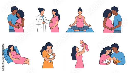pregnancy and motherhood concept set featuring doctor consultation prenatal yoga resting expectant mother and parents with newborn baby illustrations