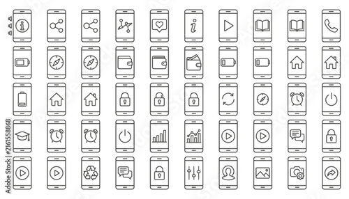mobile phone user interface outline icon set featuring smartphone screens with app functions settings media and tools