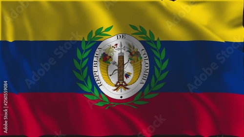 Flag of Gran Colombia waving slowly in the foreground.