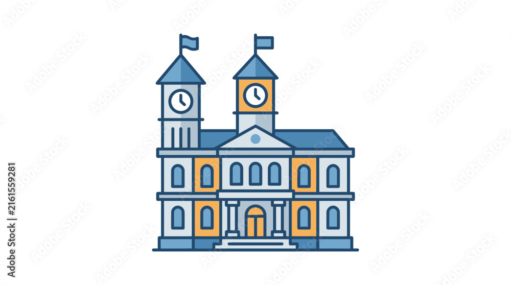 Naklejka premium Illustration of a classic historic town hall building with twin clock towers.