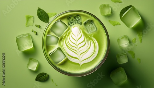 top view of an iced matcha latte on a pastel green background with ice cubes refreshing cold drink generative ai
