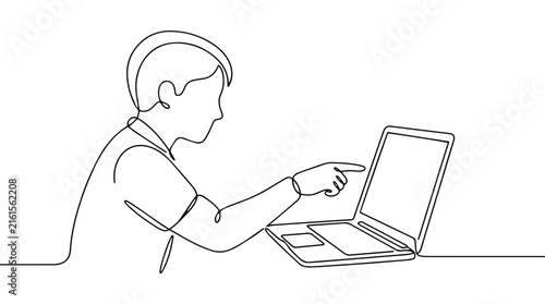 Student pointing at laptop screen. Continuous line drawing of boy using computer. Vector illustration