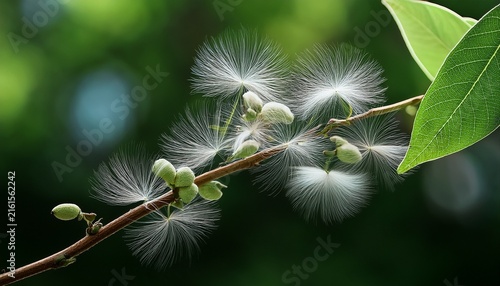close up of a branch with small green leaves seed pods and fluffy white seed dispersal with a soft green blurred background