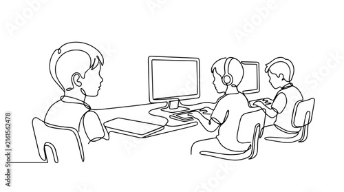 Kids using computers in lab. Continuous line drawing vector illustration. Technology and education concept