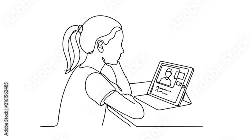 Girl watching online class on tablet. Continuous line drawing vector illustration. E-learning and education concept