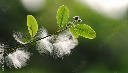 a close up shot of a branch with small green leaves and delicate white wisps of seed fluff the background is a soft blur of green
