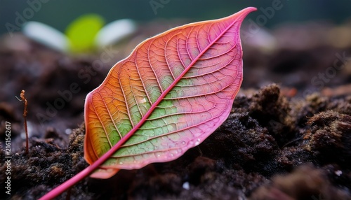 a close up shot of a vibrant leaf with shades of pink orange and green showing its delicate veins the leaf is angled upwards from a bed of dark soil and tiny green sprouts