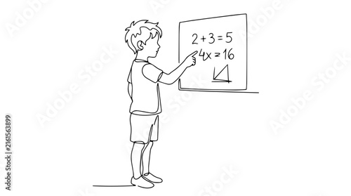 Continuous line drawing of a boy pointing at math equations on a whiteboard. Student learning mathematics concept. Minimalist vector illustration