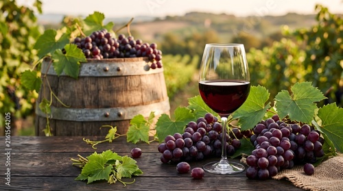 Premium Red Wine Glass with Fresh Grapes and Vine Leaves on Rustic Table