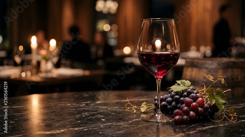 Elegant Red Wine Glass with Grapes on Luxury Table for National Red Wine Day