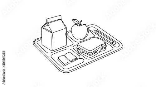 Continuous line art of a school lunch tray. Minimalist healthy meal and education concept. Vector illustration isolated on white background