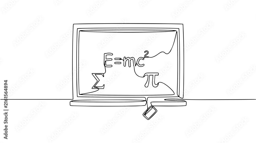 Fototapeta premium Continuous line drawing of a chalkboard with math formulas. Minimalist blackboard vector illustration. Education and science concept isolated on white background