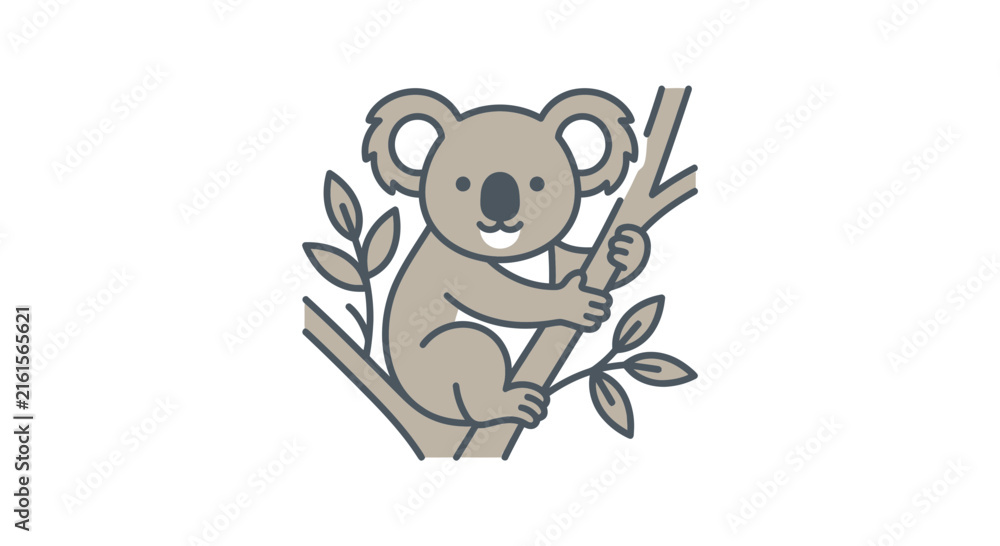 Fototapeta premium Cute cartoon koala bear sitting on a tree branch illustration.