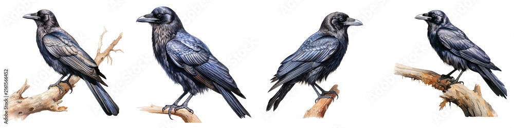 Naklejka premium Collection of four watercolor drawings of ravens perched on branches against a black background