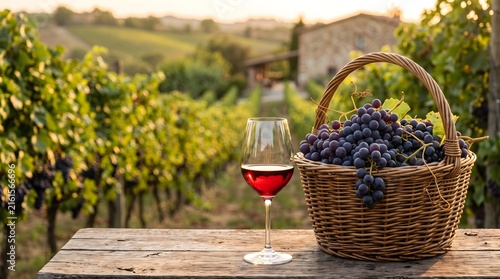 Fresh Red Wine Grapes and Glass of Wine During Vineyard Harvest Season