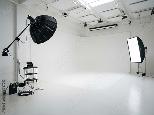 Empty professional photography studio with white cyclorama wall and lighting equipment
