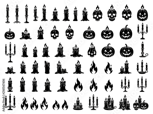 Black silhouettes of halloween candles skulls pumpkins and flames on a white background