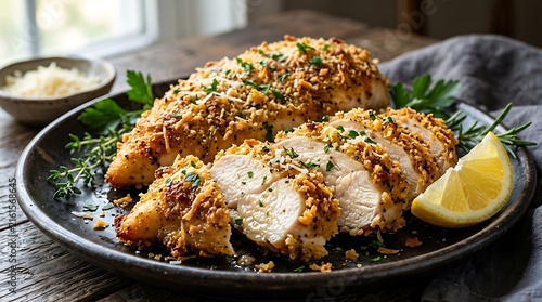 Roasted chicken breast with nuts and herbs on a black plate with a lemon slice. romano chicken recipe