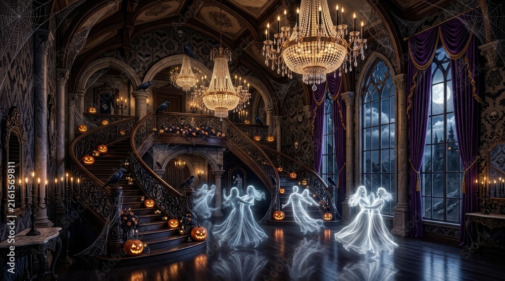 Fototapeta premium Ethereal ghosts dancing in a grand haunted mansion ballroom decorated for halloween with pumpkins and chandeliers under a full moon