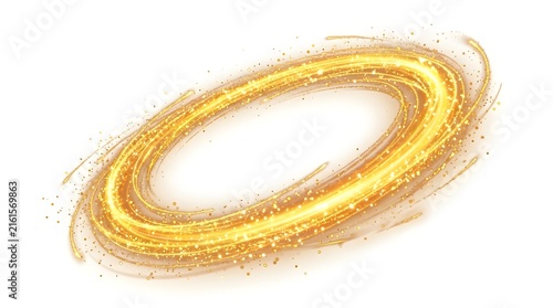 Abstract yellow glowing light ring with golden particles swirling in a circular motion isolated on a white background for digital graphic design