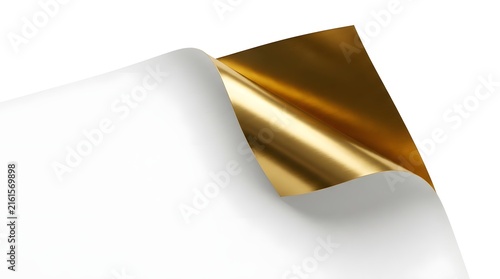 A white paper sheet with a curled corner revealing a shiny metallic gold surface underneath isolated on white background