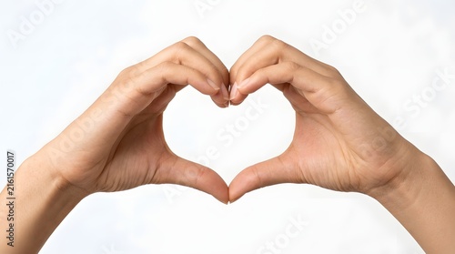 Two hands making a heart shape sign with fingers against a plain white background