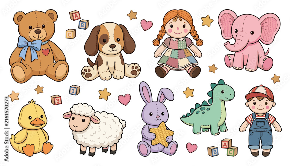 Obraz premium Cute Nursery Toys and Stuffed Animals Vector Collection Featuring Teddy Bear Ragdoll Puppy Elephant Dinosaur Lamb Duck and Bunny Character Illustrations
