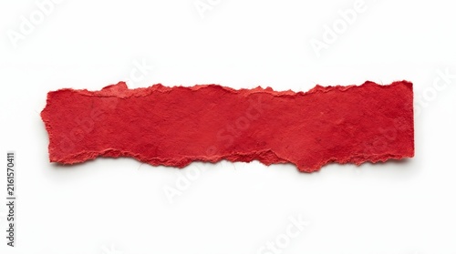 A single piece of red torn paper strip with rough edges isolated on a white background for design projects and creative message placeholders