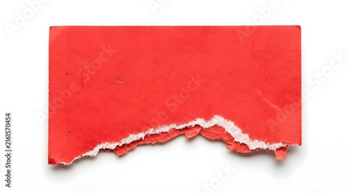 A single rectangular piece of bright red torn paper with rough frayed edges isolated on a clean white background for design and creative projects