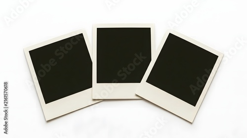 Three blank instant photo frames arranged together for memories and nostalgic vintage photography display isolated on a clean white background