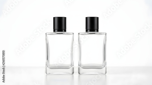 Two empty glass perfume bottles with black caps standing side by side for cosmetic product branding and luxury beauty packaging design mockup