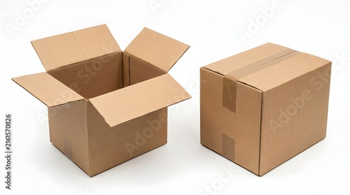 Two cardboard boxes one open and one closed sitting together
