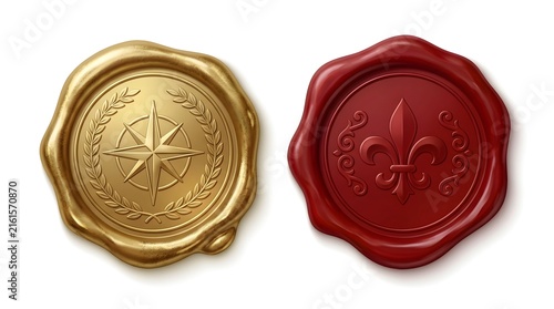Two vintage wax seals with compass rose and fleur de lis symbols isolated on white background
